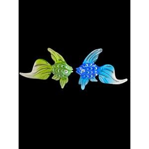 Lenox Glass Kissing Angelfish Figurines Blue Green Bubble Eyes 3.5"